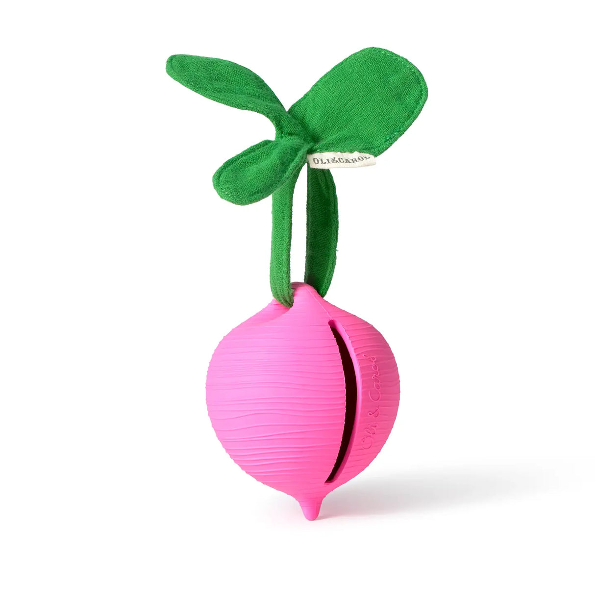Pink radish-shaped pacifier case with green fabric leaves, made of natural rubber and organic cotton, safe for babies.