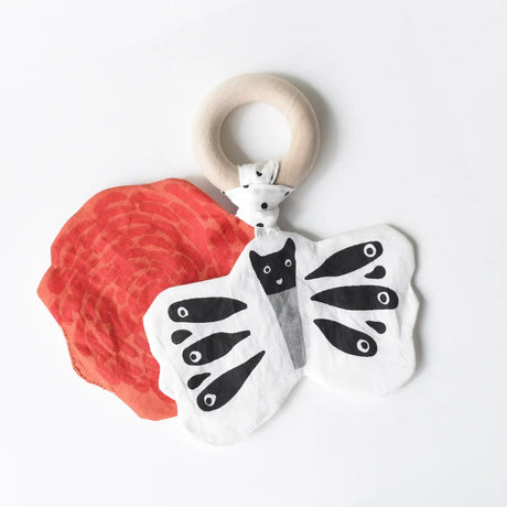 Organic Crinkle Teether | Butterfly with eco-friendly maple ring, crinkle paper, and soft organic cotton for baby’s teething comfort.