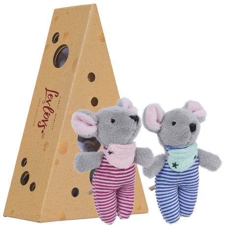Two small plush mice wearing striped outfits standing next to a triangular cheese-shaped box with holes.