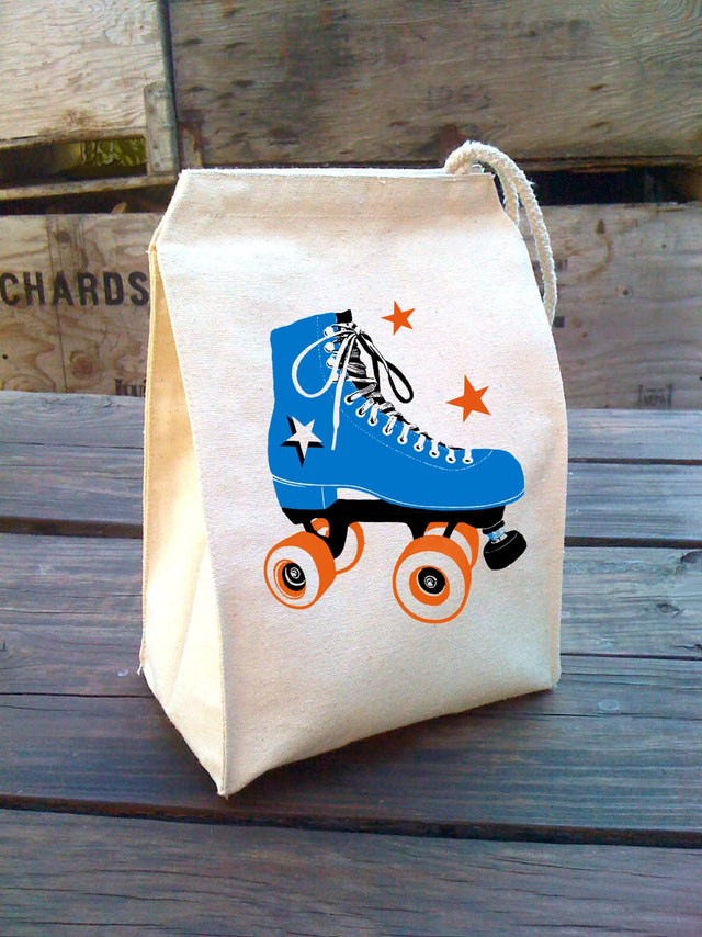 Lunch Bag | Roller Skate featuring a blue and orange roller skate print on a 100% cotton tote bag.