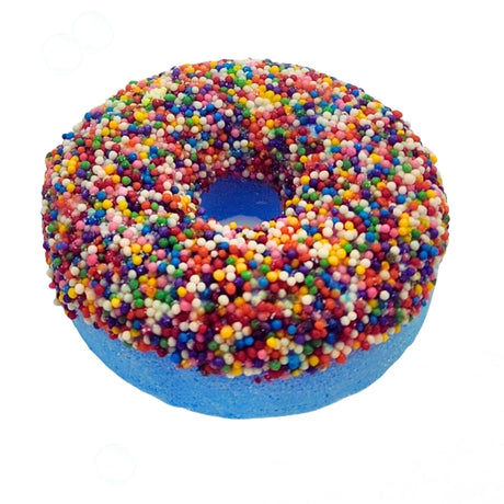 Donut Coconut Bath Bomb with colorful sprinkles, hand pressed with Epsom salt and shea butter for soft skin.