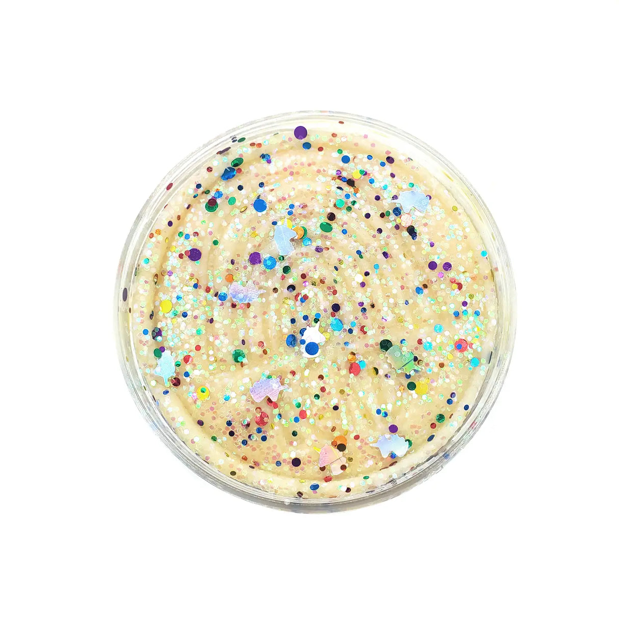 KidDough Glitter | Unicorn White in twist top jar with soft white dough and colorful unicorn rainbow glitter.