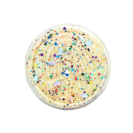 KidDough Glitter | Unicorn White in twist top jar with soft white dough and colorful unicorn rainbow glitter.