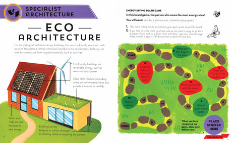 Children’s eco architecture board game with sustainable house illustration and colorful game path on a pull-out poster.