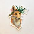 Foraging Fox Sticker showing a watercolor fox with a fern and mushrooms crown, handmade by Gray Day Studio.