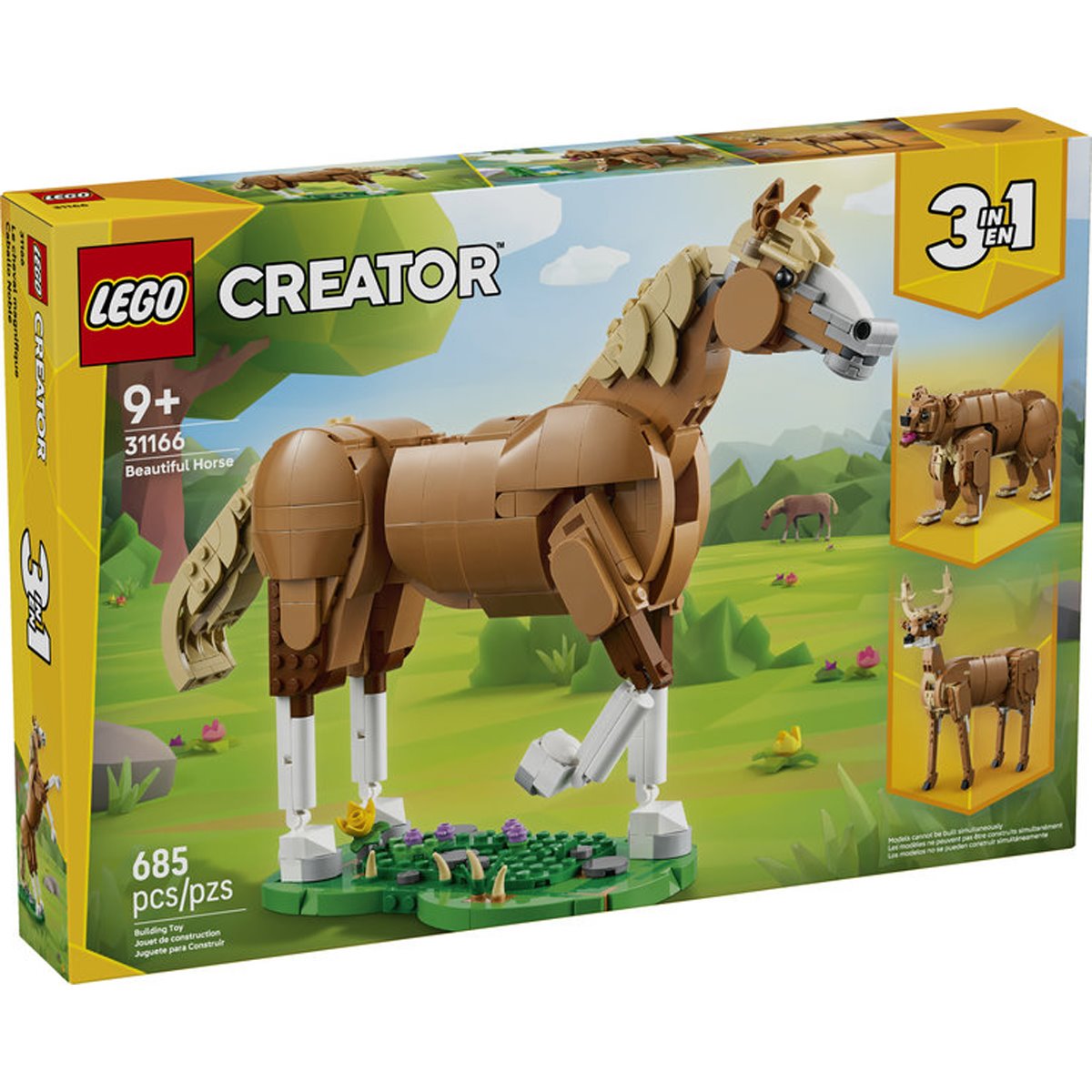 LEGO Creator 3-in-1 building set featuring a posable horse on a grass base for kids 9 and up with 685 pieces