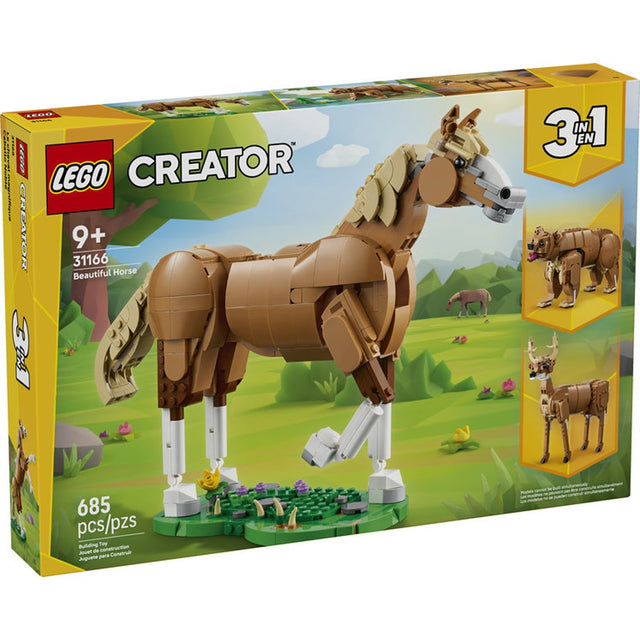 LEGO Creator 3-in-1 building set featuring a posable horse on a grass base for kids 9 and up with 685 pieces