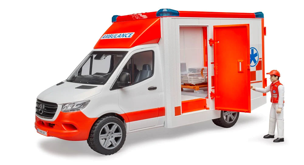 MB Sprinter Ambulance & Driver toy with opening doors, stretcher, removable roof, paramedic figure, and light and sound module.