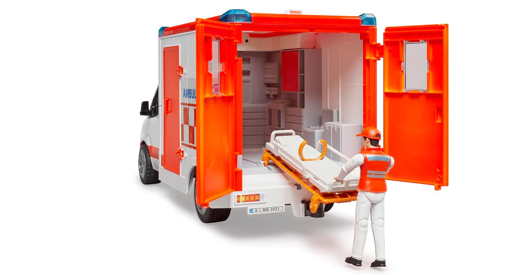 MB Sprinter Ambulance & Driver toy with opening doors, stretcher, and paramedic figure in orange uniform.