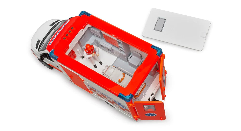 MB Sprinter Ambulance & Driver toy showing detailed interior, removable roof, opening doors, and paramedic figure.