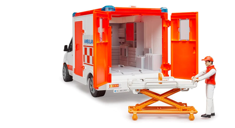 MB Sprinter Ambulance & Driver toy with opening doors, stretcher, removable roof, and paramedic figure for realistic play.