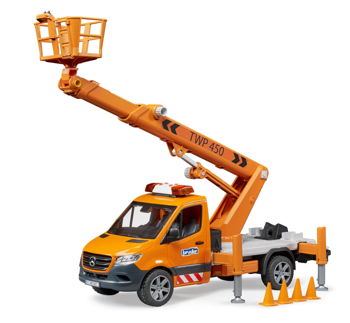 MB Sprinter w/ Platform toy with extendable stabilizers, elevating work basket, and Light & Sound module for safety.