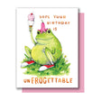 UnFROGettable Frog Birthday Card with cute frog holding ice cream and handlettered birthday message on A2 card.