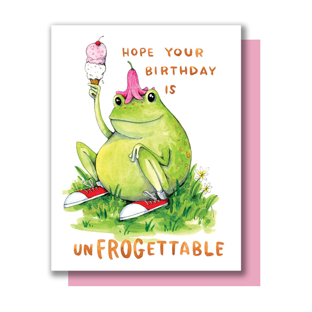 UnFROGettable Frog Birthday Card with cute frog holding ice cream and handlettered birthday message on A2 card.