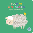 Farm Animals: My First Touch & Feel Book featuring a tactile sheep illustration and colorful title on green background.