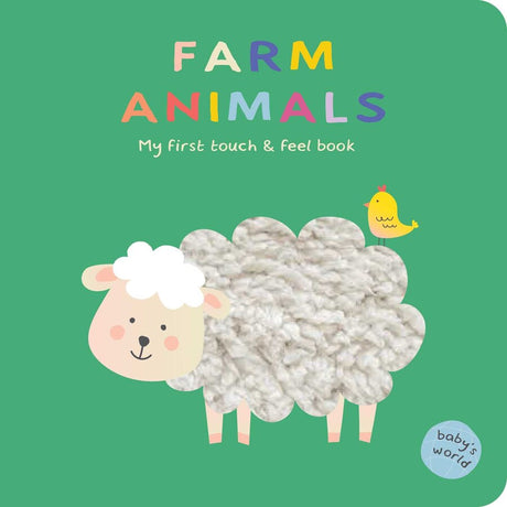 Farm Animals: My First Touch & Feel Book featuring a tactile sheep illustration and colorful title on green background.