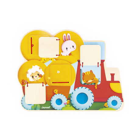 Farm Flip and Find Tractor wooden toy with 5 flaps revealing cute farm animals for toddlers 12 months and up.