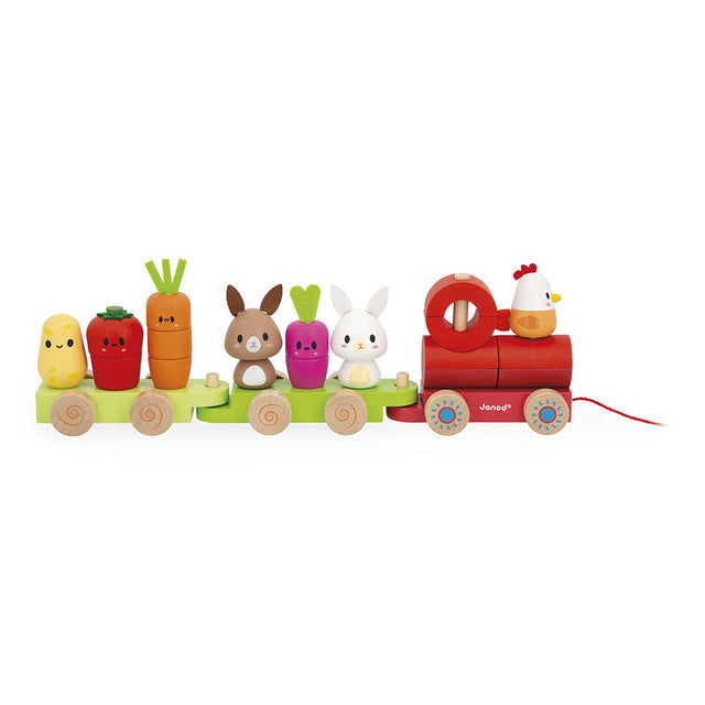Farm Pull-Along Stacker Train wooden toy with colorful animals, vegetables, and three wagons for toddlers aged 12 months plus