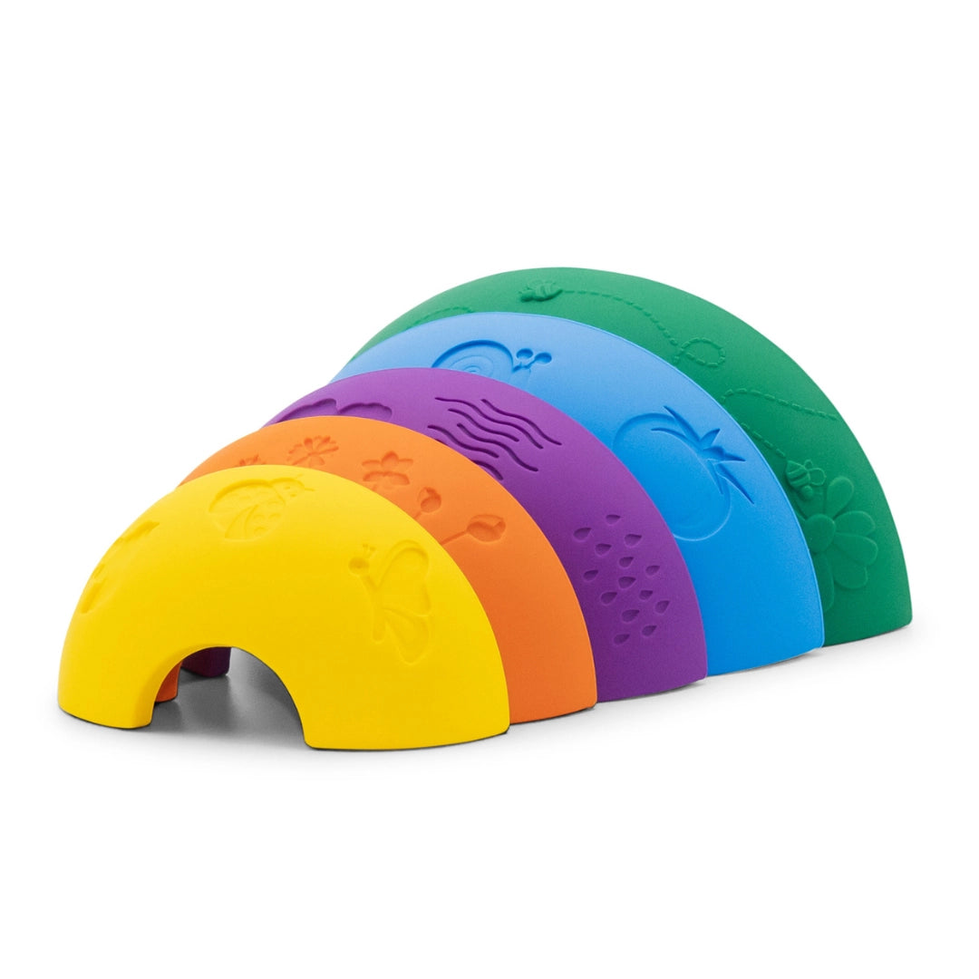 Over the Rainbow | Bright silicone stacking arches with garden patterns for sensory and playdough fun.