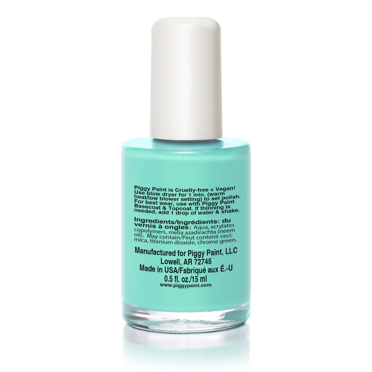 Nail Polish Sea Ya Later bottle with turquoise water-based, non-toxic formula, cruelty-free and vegan polish from Piggy Paint.