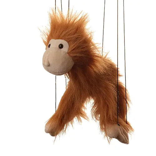 Marionette Small | Brown Monkey string puppet with fuzzy brown fur and tangle-free control bar, approx 8" tall.