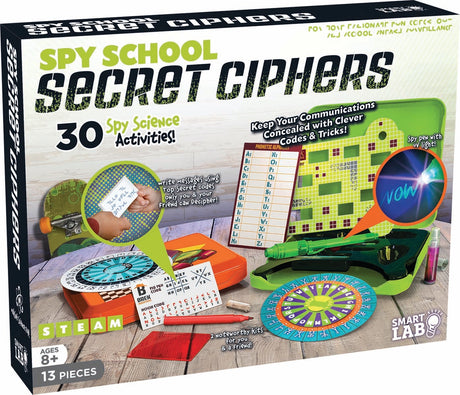 Spy School Secret Ciphers kit with code wheels, UV pens, red filters, and tools for secret messages and spy science activities.