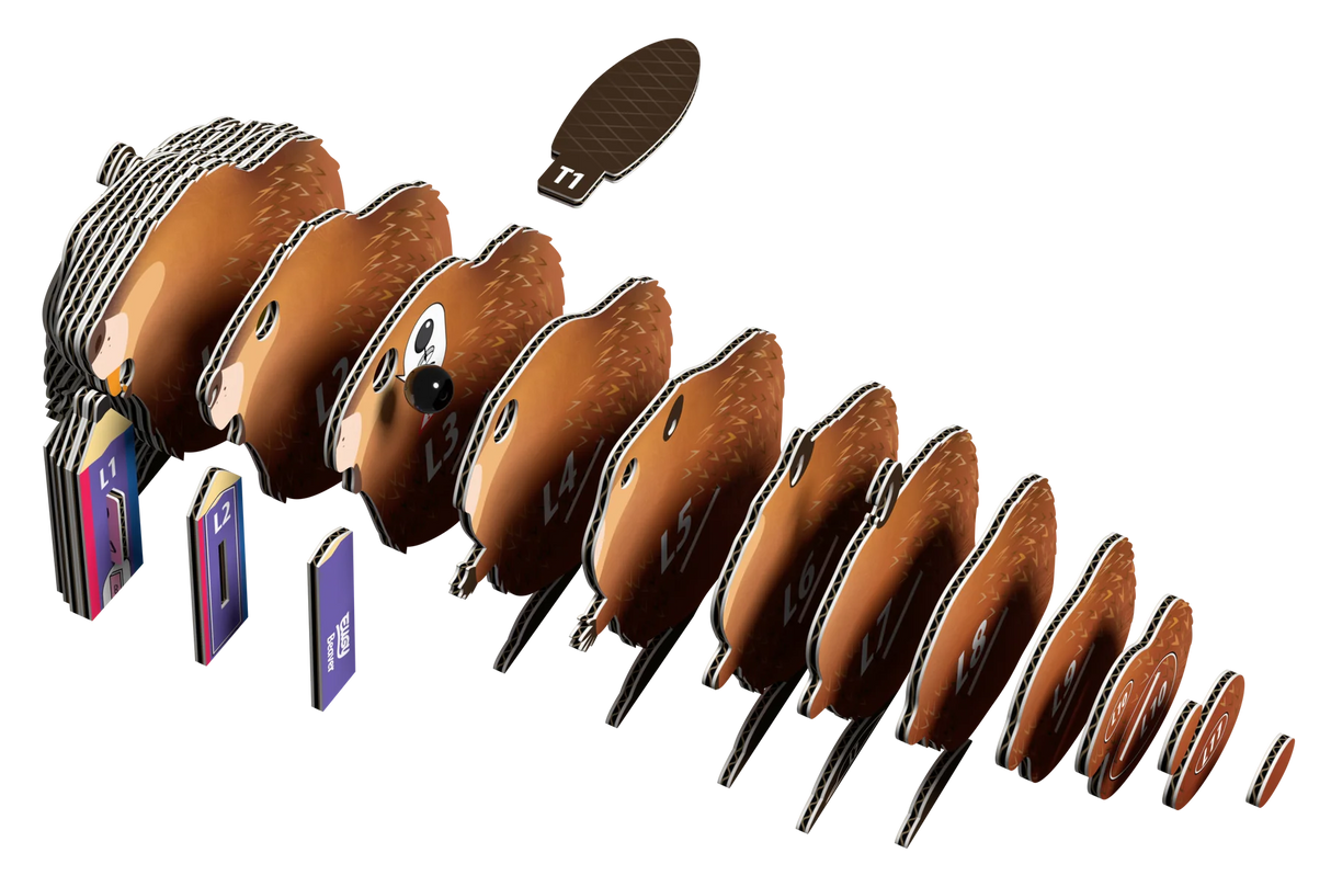 EUGY | Beaver eco-friendly 3D puzzle pieces arranged showing assembly layers for educational craft activity.