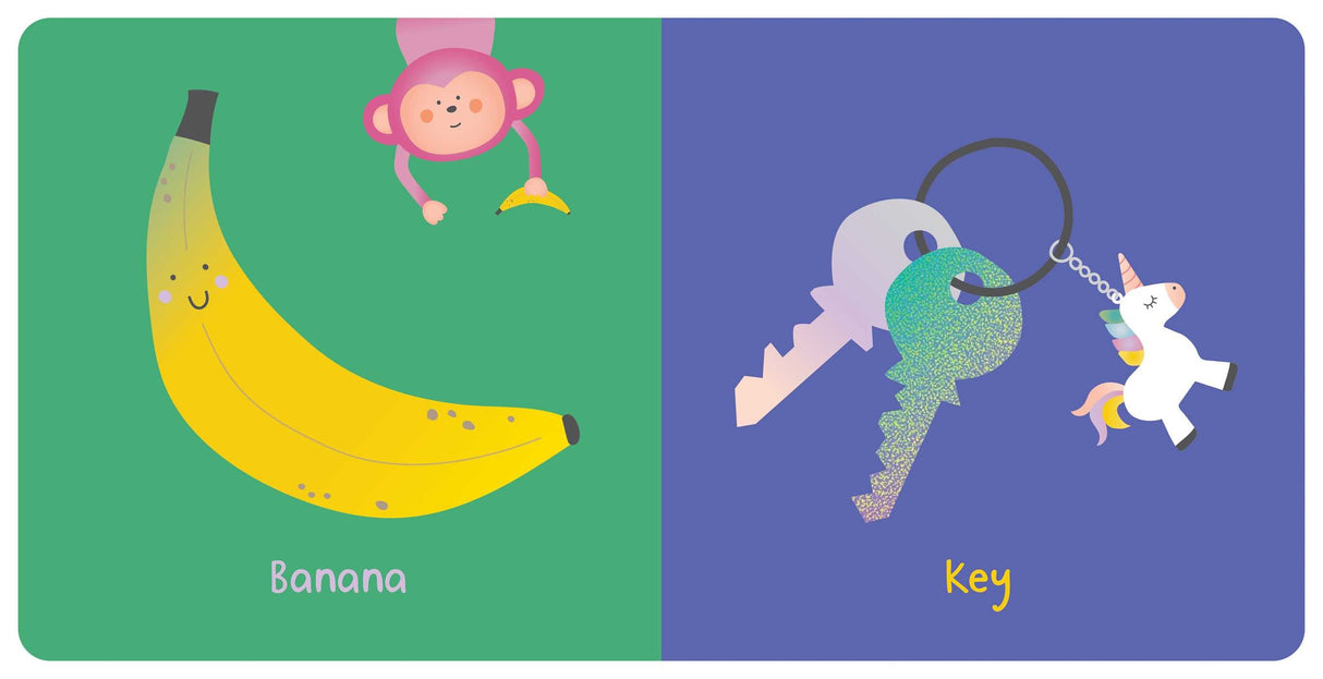 First Words: My First Touch & Feel Book open to colorful banana and key pages with playful illustrations.