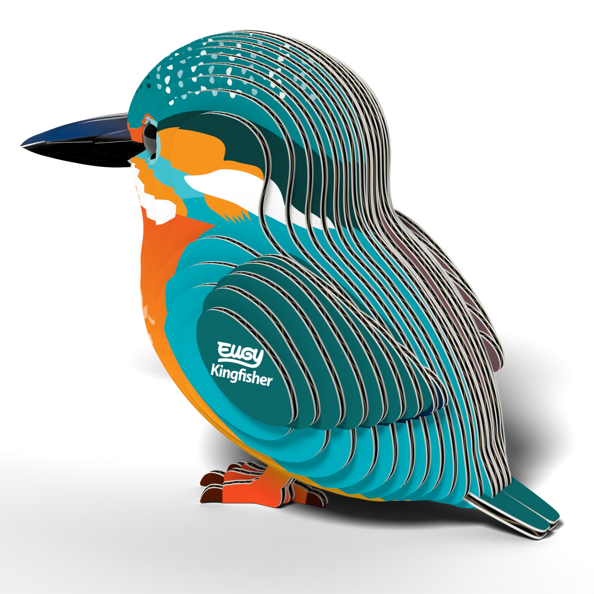 EUGY | Kingfisher 3D puzzle showing vibrant assembled Kotare bird made of eco-friendly cardboard layers.