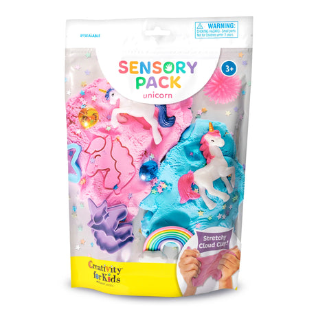 Sensory Pack | Unicorn with stretchy cloud clay, unicorn toys, and colorful textures for preschool sensory play.