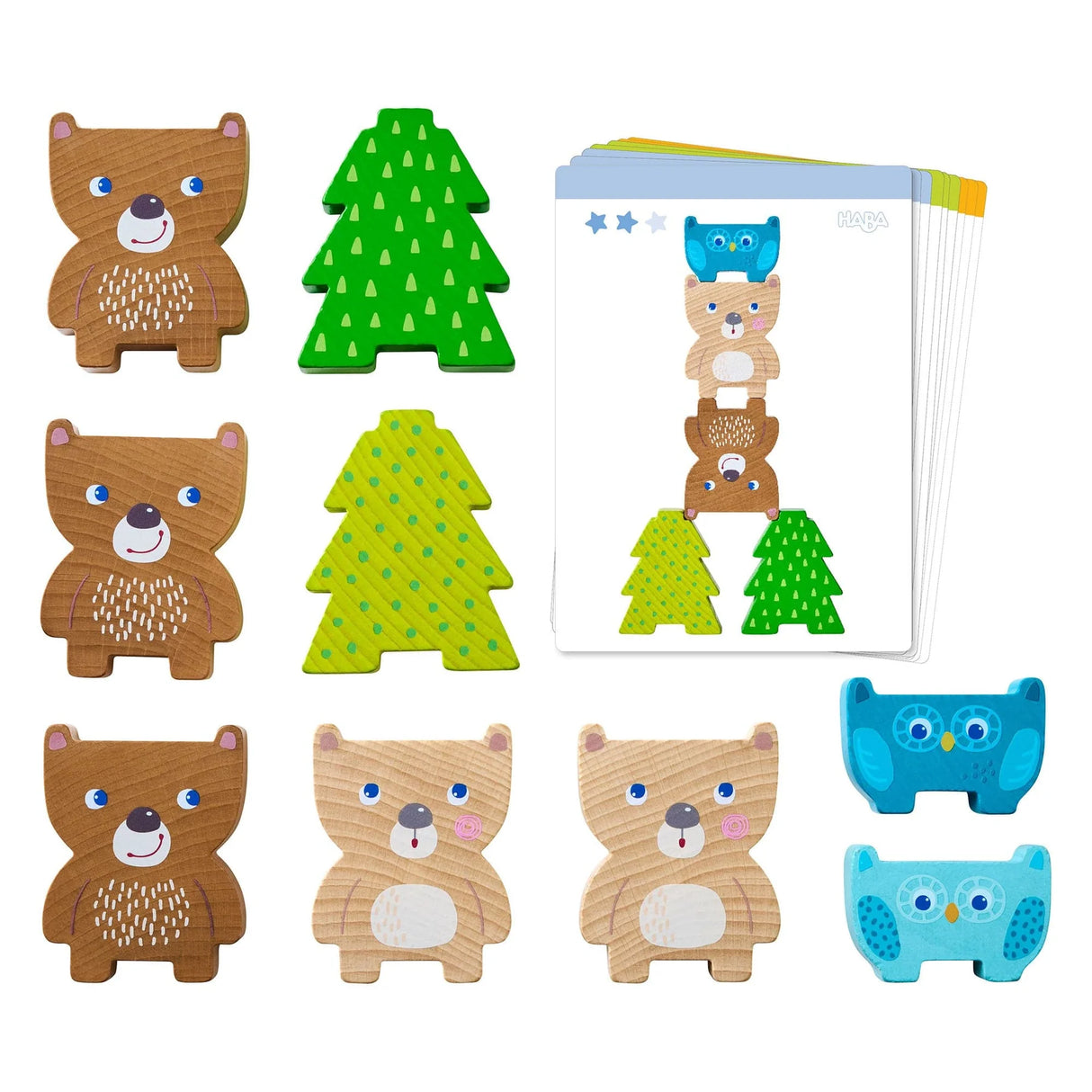 Forest Friends Stacking Toy with wooden owls, bears, trees, and double-sided template cards for stacking fun.