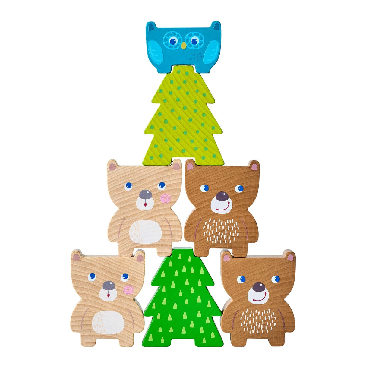 Forest Friends Stacking Toy with colorful wooden owls, bears, and trees stacked in a playful pyramid arrangement.