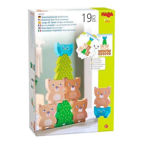 Forest Friends Stacking Toy with wooden owls, bears, and trees for creative stacking fun for ages 2 and up.