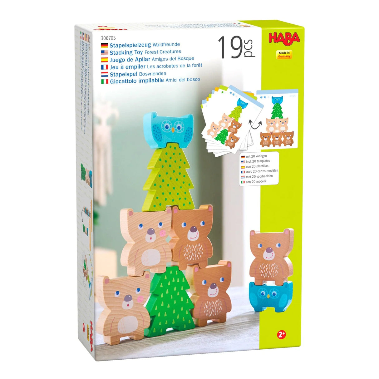 Forest Friends Stacking Toy with wooden owls, bears, and trees for creative stacking fun for ages 2 and up.