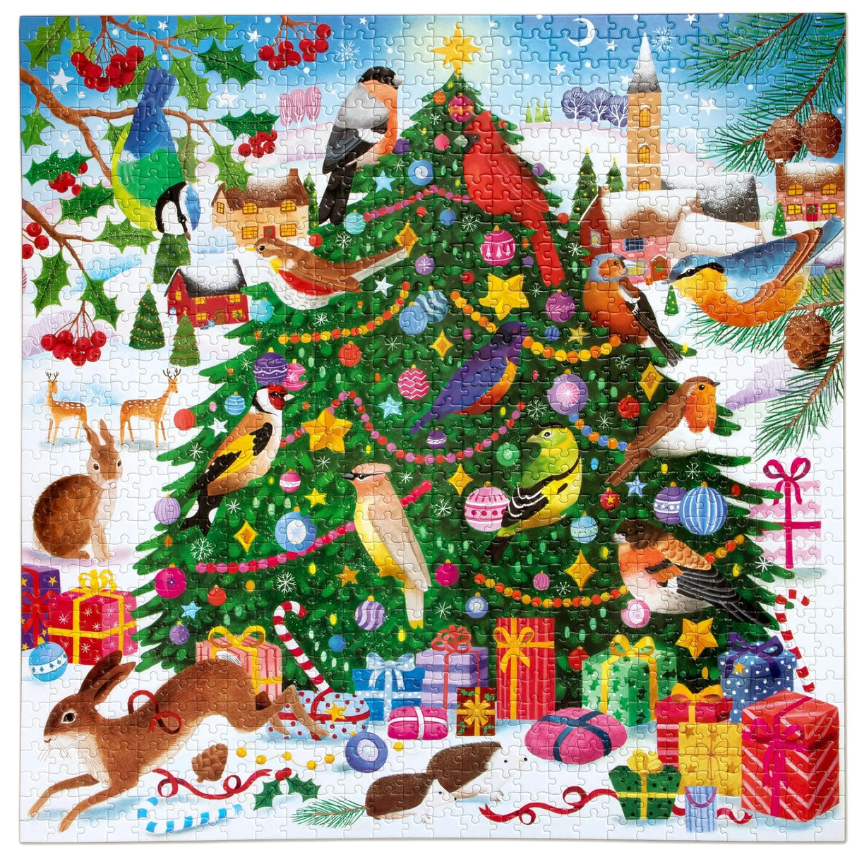 Festive Christmas tree puzzle featuring colorful songbirds, presents, and snowy village scene in vibrant holiday colors