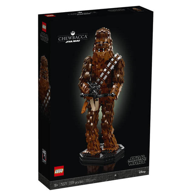 Buildable LEGO Star Wars Chewbacca figure holding a crossbow, standing on a display base with character plaque.