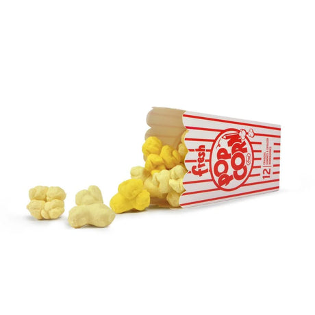 Fresh Popcorn Erasers with 12 adorable popcorn-shaped erasers spilling from a striped box, perfect for kids 5 and up.