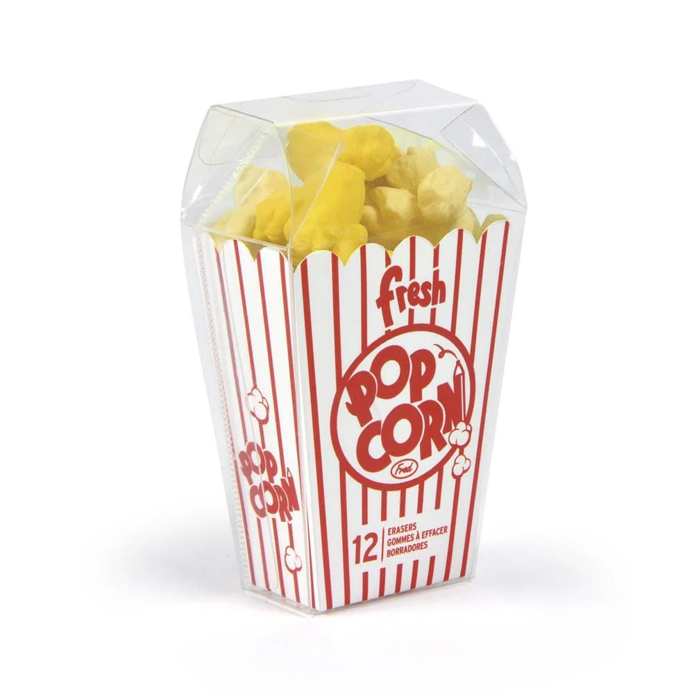Fresh Popcorn Erasers in a 4-inch clear striped box with 12 yellow popcorn-shaped erasers.