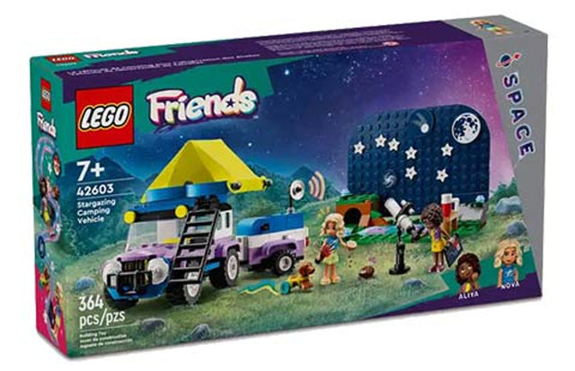 LEGO Friends stargazing camping vehicle set with telescope, mini-dolls, trailer, tent, and space backdrop for ages 7 and up