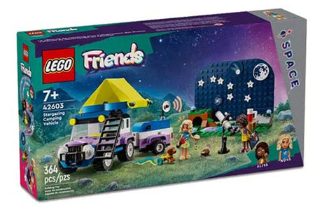 LEGO Friends stargazing camping vehicle set with telescope, mini-dolls, trailer, tent, and space backdrop for ages 7 and up