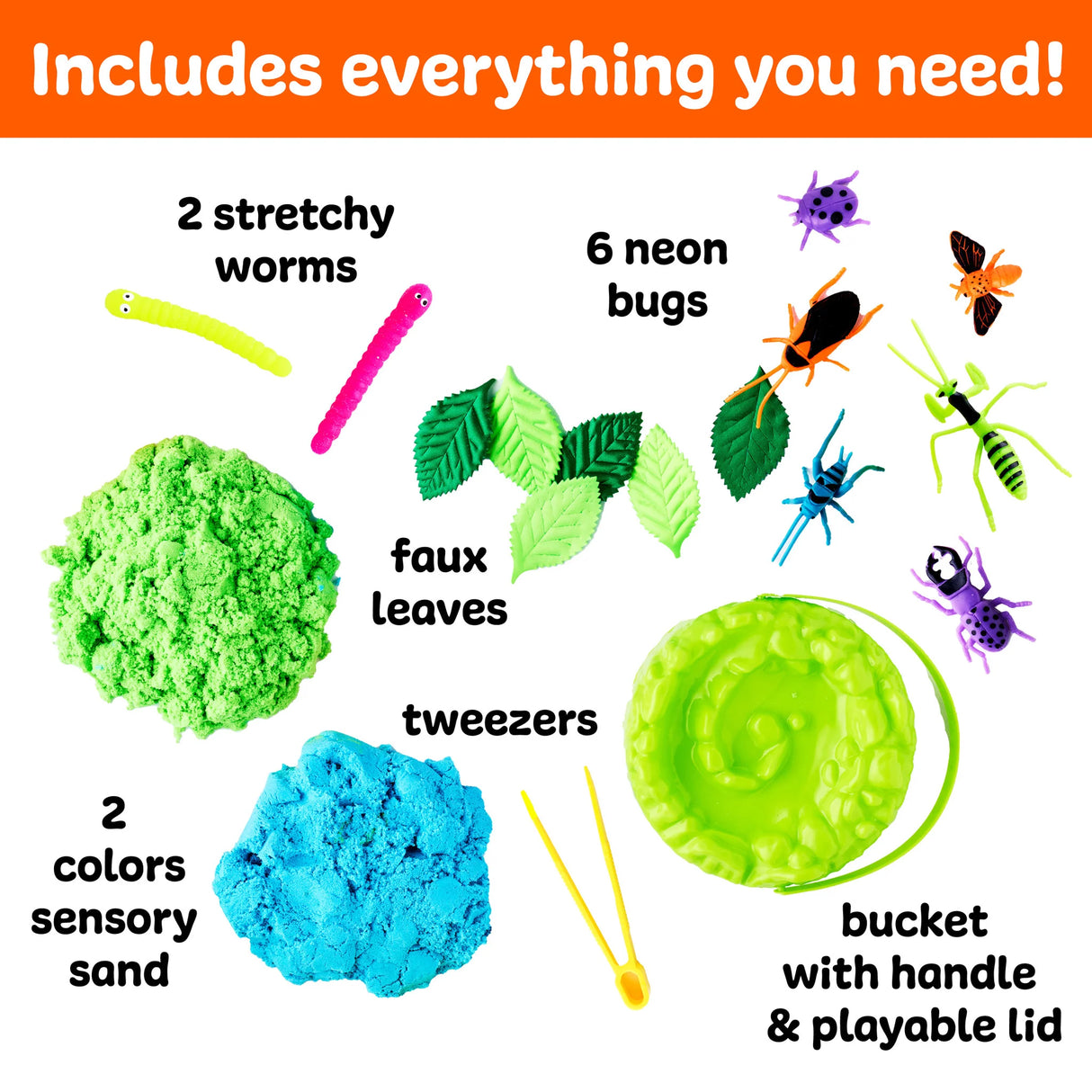 Sensory Adventure Neon Bugs set with colorful sand, toy bugs, worms, leaves, tweezers, and bucket for creative play.
