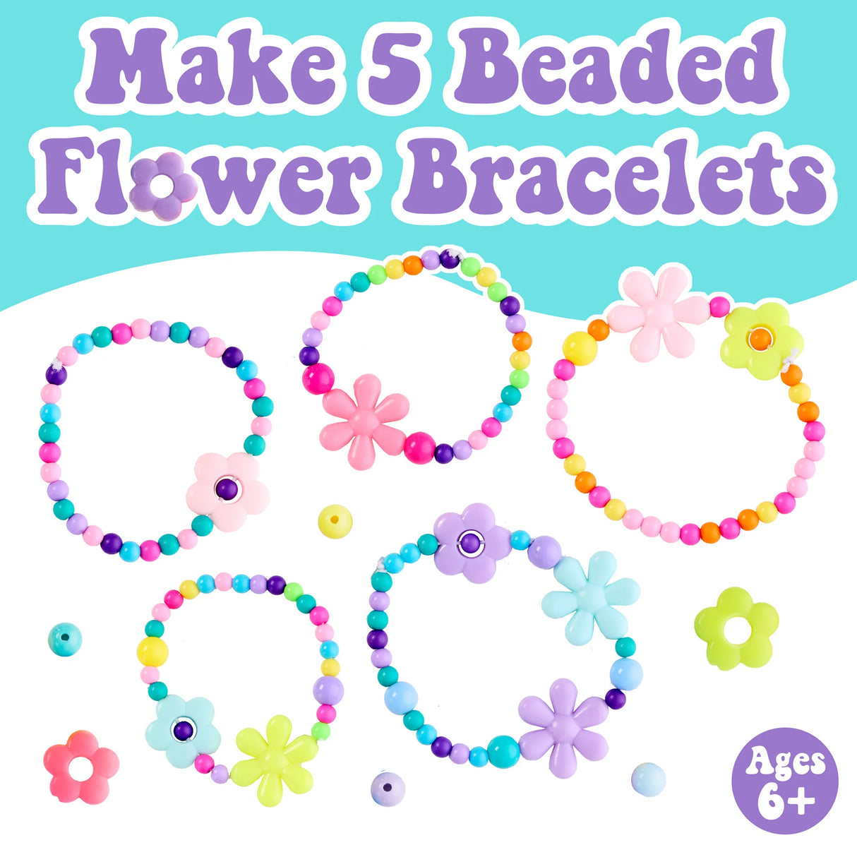 Colorful beaded flower bracelets made with round and flower-shaped beads for creative kids ages six and up