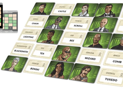 Codenames Duet 2.0 game setup showing character cards and word cards arranged on a green grid background.
