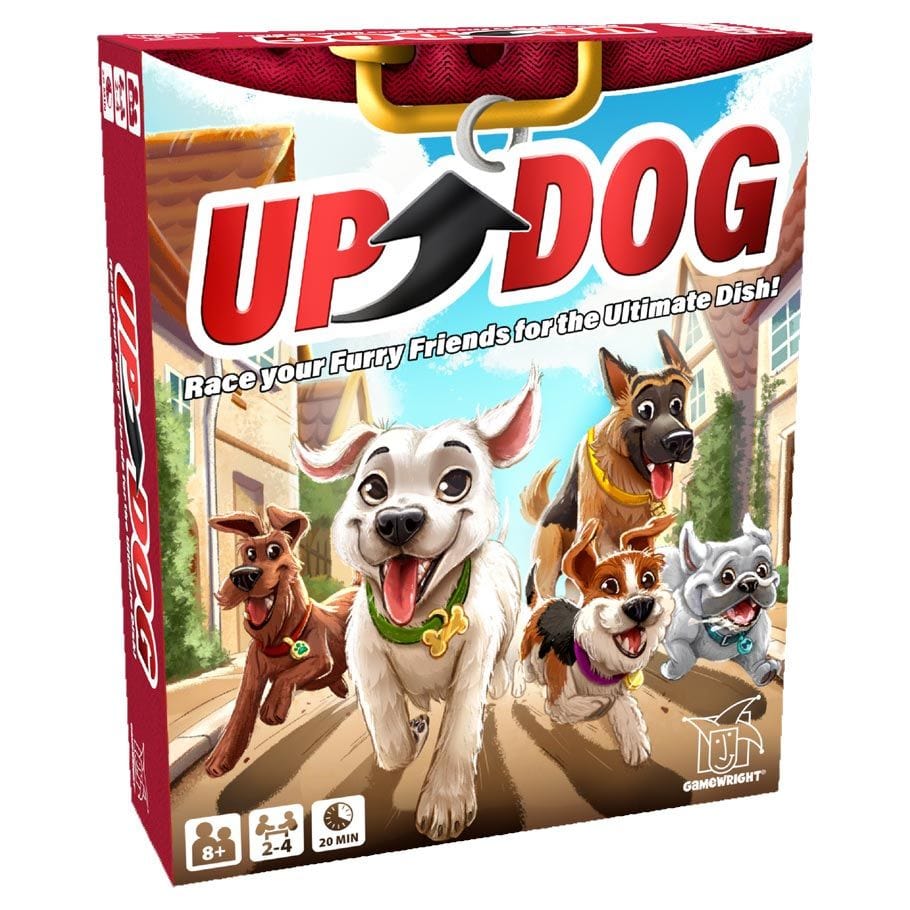 Up Dog card game box featuring playful dogs racing to complete goals in a fun family-friendly card game.