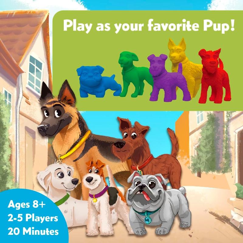 Up Dog card game featuring colorful dog pieces and playful pups in a vibrant neighborhood setting.