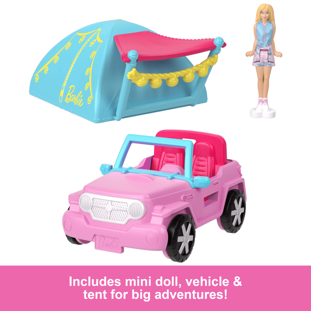 Mini BarbieLand Camping with pink toy jeep, blue tent, and mini doll for imaginative outdoor play.