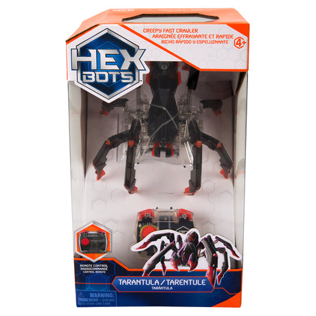 Hex Bots RC Tarantula robotic toy in packaging with eight legs, remote control, and LED features visible.