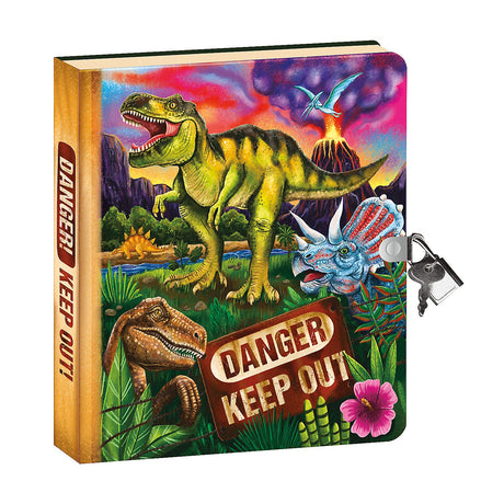 Glow-in-the-Dark Dinosaur Diary featuring roaring dinos, vibrant cover, lock, keys, and "Danger Keep Out" sign.