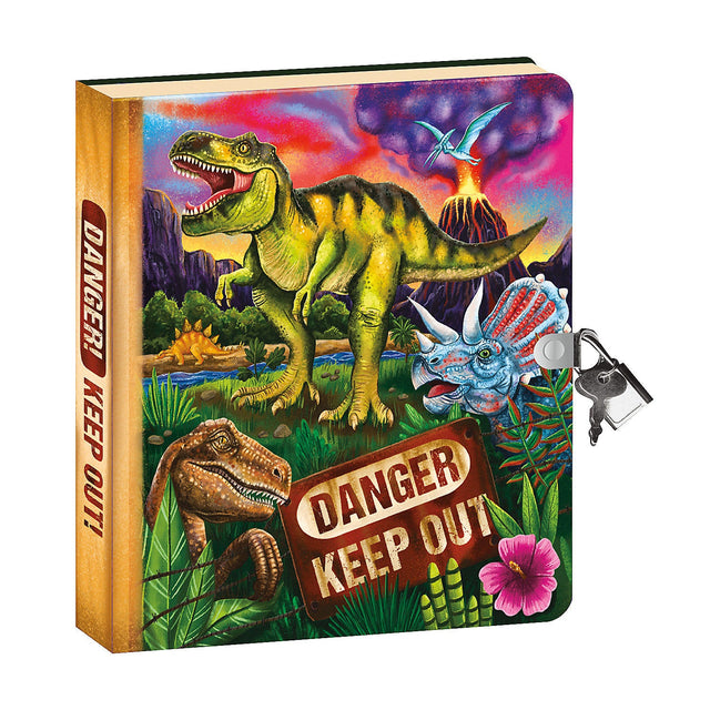 Glow-in-the-Dark Dinosaur Diary featuring roaring dinos, vibrant cover, lock, keys, and "Danger Keep Out" sign.