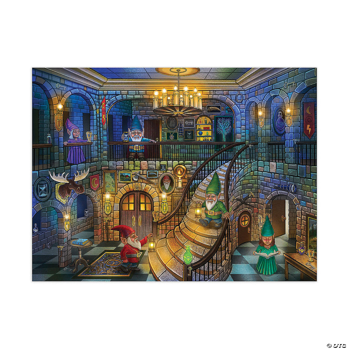PZ 100pc Seek&Find Gnomes puzzle featuring a detailed hidden object scene with glow-in-the-dark gnomes and secret items.